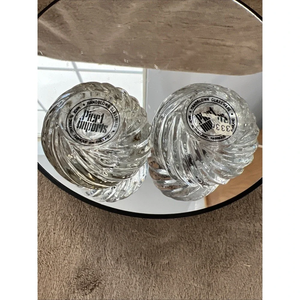 Set of 2 Pier 1 One Imports Hand Blown Clear‎ Swirl Glass Round Candle Holders